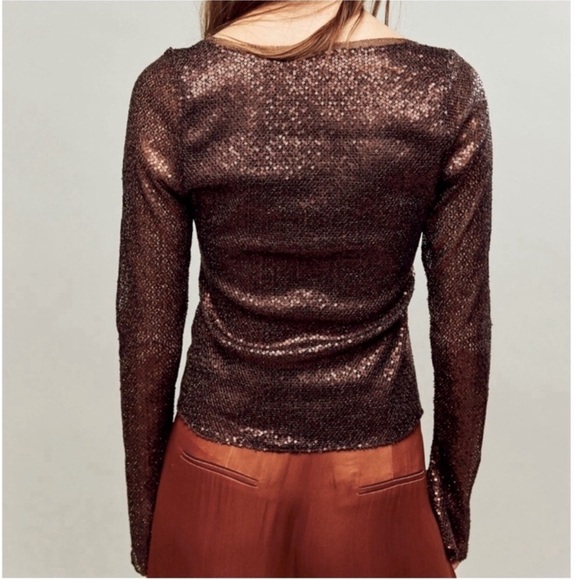 Free People Size M Brown Sequin Blouse - Picture 2 of 7